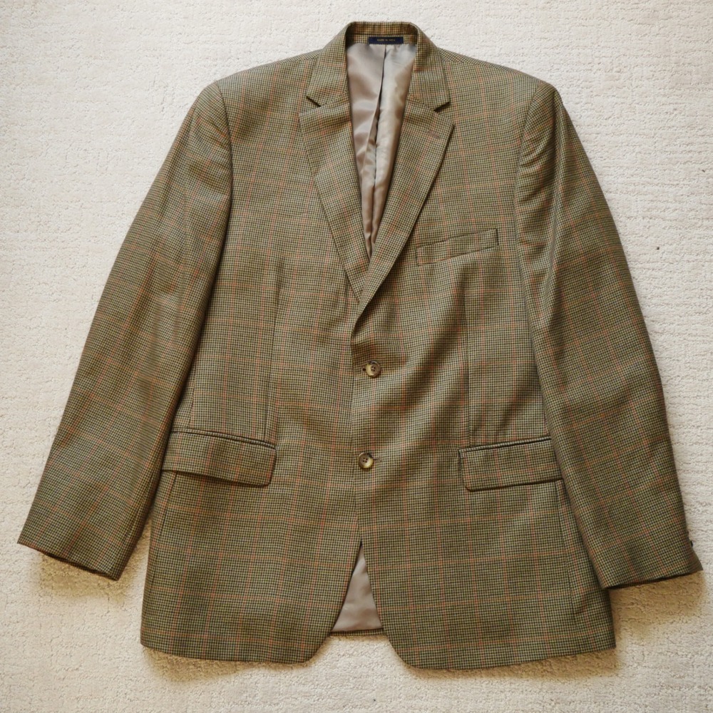Club Room Mens Houndstooth Windowpane Blazer Sport Coat Green Brown 44L